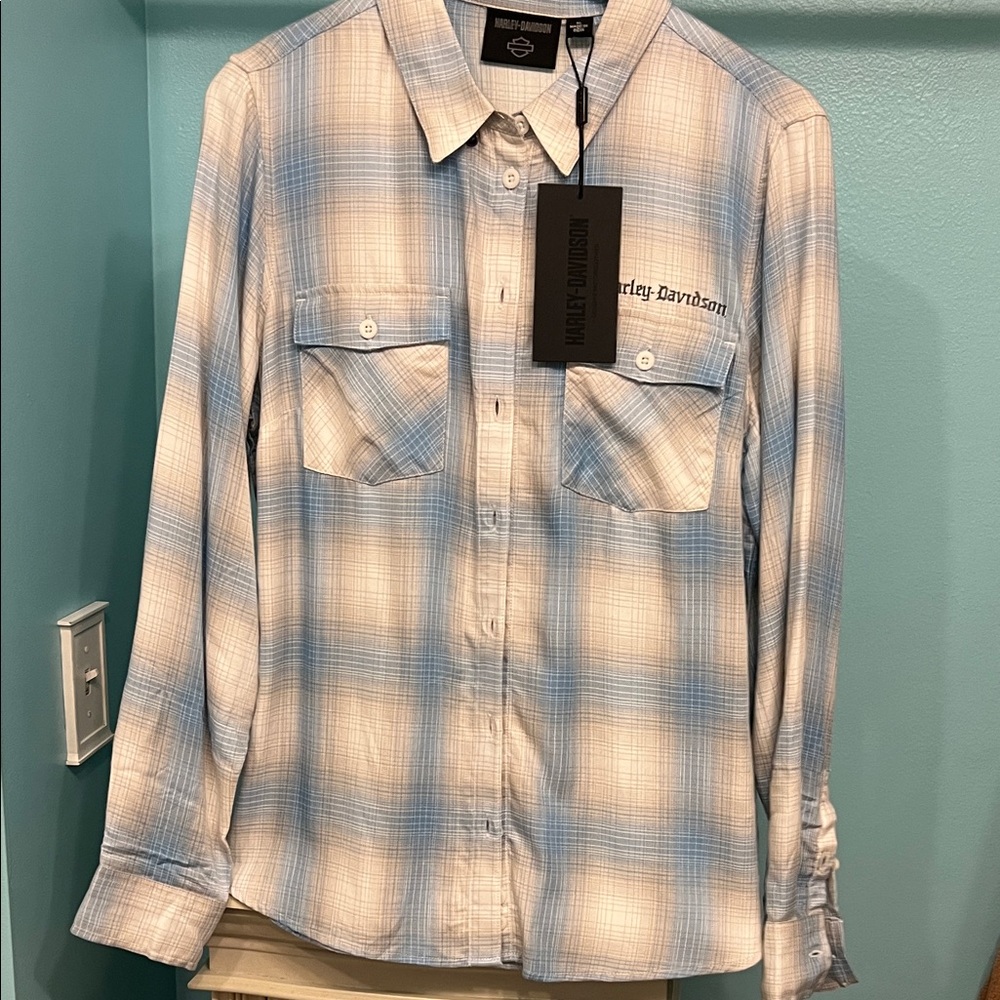 Harley-Davidson women’s Light Blue and White Plaid Shirt
